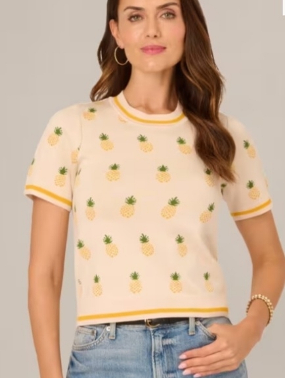 Adrianna Papell Pineapple Motif Short Sleeve Sweater Large L NWT Coastal Retro